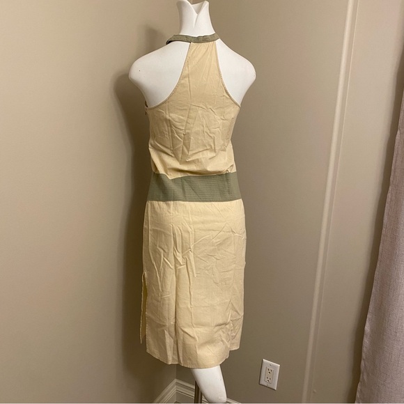 Made In Nepal cream coloured sleeveless dress/green button high neck closure. S - Picture 4 of 16